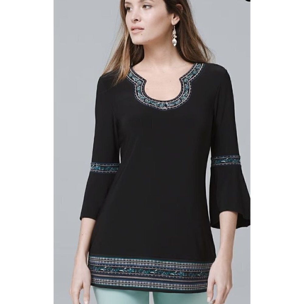 White House Black Market WHBM Petite Bell Sleeve Matte Jersey‎ Embroidered Tunic